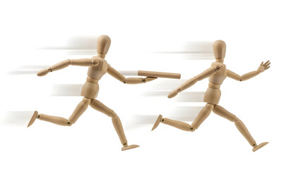 バトンパスで業務を引き継ぐデッサン人形のチームワーク