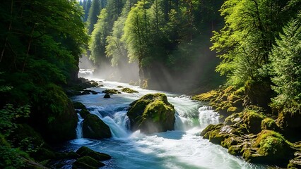 A small beautiful waterfall flowing through a green forest with rocks and trees