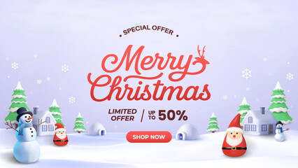 Merry Christmas Special Offer Banner With Snowy Village, Santa, Snowmen and Shop Now Button