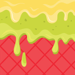 Liquid layers of green and yellow ice cream flow down surface of waffle background vector illustration