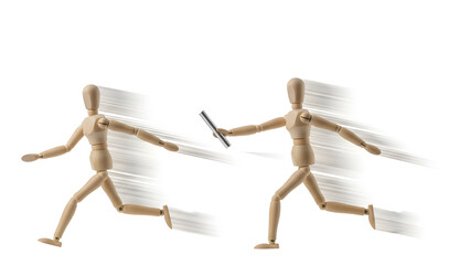 バトンパスで業務を引き継ぐデッサン人形のチームワーク