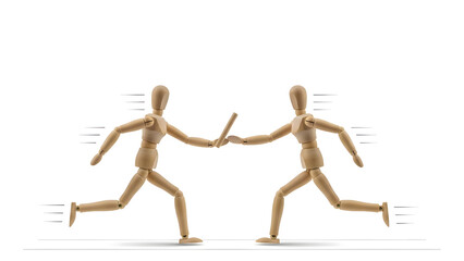 バトンパスで業務を引き継ぐデッサン人形のチームワーク