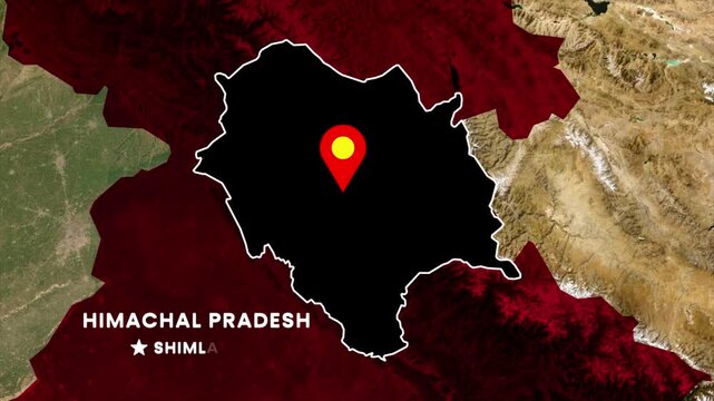 Himachal Pradesh state map highlight animation on India map, Himachal Pradesh outlined with location pin and label for geography visuals, news graphics, educational content, and regional presentation 