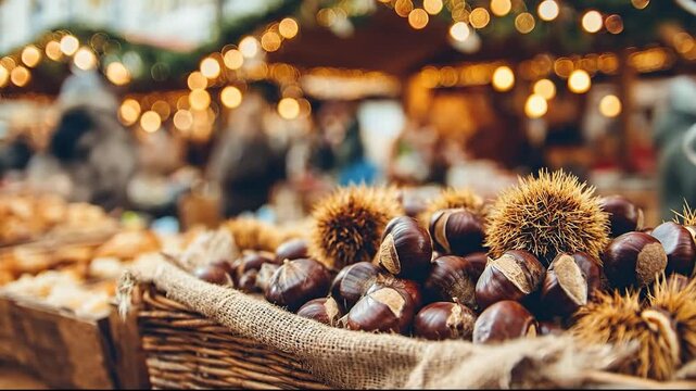 Close-up of chestnuts in a basket at a Christmas market, with blurred lights in the background.