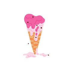 Ice cream in waffle cone melting, drops of pink sundae flow down vector illustration