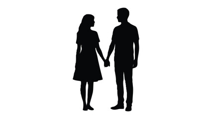 Eternal Bond Silhouette: A romantic silhouette of a man and woman stands, tenderly holding hands, capturing the essence of an enduring connection and the beginning of a love story.