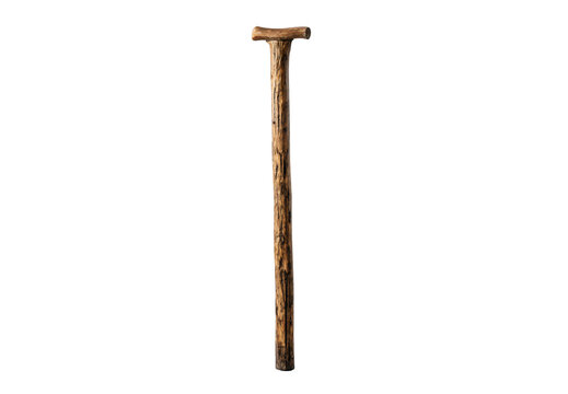 Rustic wooden walking cane with T-shaped handle standing upright, isolated on a transparent background