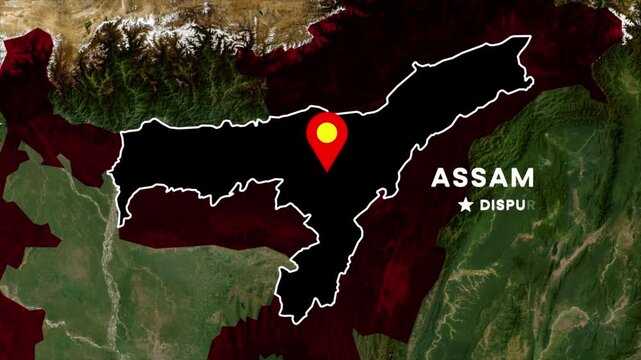 Assam state map highlight animation on India map, Assam outlined with location pin and label for geography visuals, news graphics, educational content, and regional presentation video