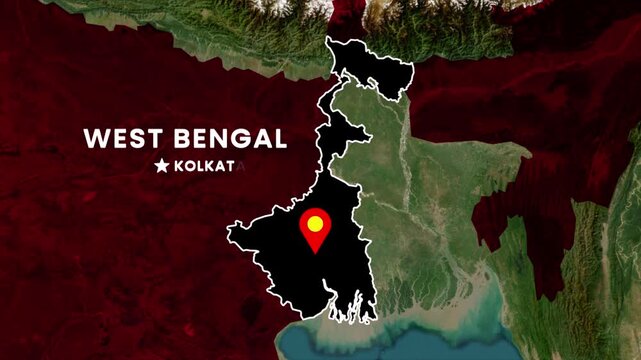 West Bengal state map highlight animation on India map, West Bengal outlined with location pin and Kolkata marker for geography visuals, news graphics, educational content, and regional presentation 