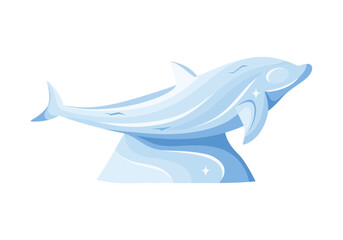 Ice sculpture of dolphin in sea waves, crystal statue made from frozen water vector illustration