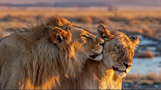 A male and female lion affectionately nuzzle each other in the golden light of dusk.