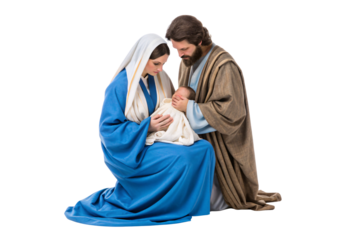 Holy family nativity scene Mary Joseph baby Jesus in blue robes, isolated on a transparent background