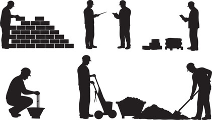 Construction workers silhouette, bricklaying, site inspection, teamwork, manual labor, shovel work, masonry, planning, outdoor job, industrial scene, building process, occupational concept © MdShaheen