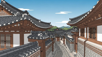 Fototapeta premium Traditional Korean Hanok village street scene architectural illustration with tiled roofs and wooden structures representing cultural