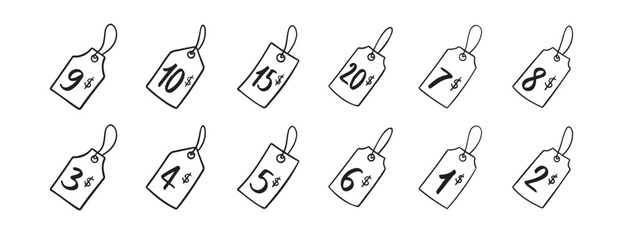 Dollar price tag numbers doodle hand drawn icon set. Outline drawing dollars price tag line clipart symbol. Isolated price tag