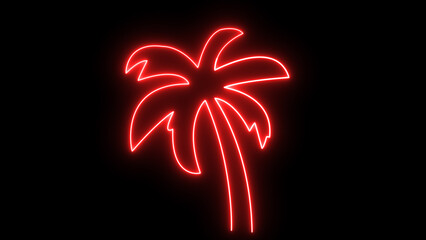 vibrant red neon palm tree glowing against a stark black background, evoking a tropical summer night vibe, perfect for beach party invitations or retro vacation designs