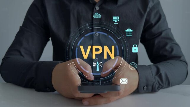 VPN(Virtual Private Network) secure connection.Remote server private internet network to protect privacy personal data.Digital connection between computer and a remote server owned VPN provider.	
