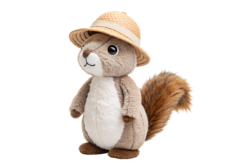 Stuffed squirrel wearing woven sun hat holding bushy tail, isolated on a transparent background