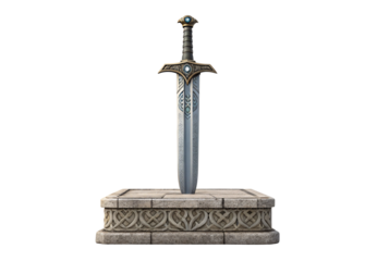 Ornate fantasy sword with blue gems in stone pedestal display, isolated on a transparent background