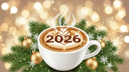 Hot coffee with 2026 year latte art surrounded by Christmas tree branches and festive bokeh lights a warm holiday greeting