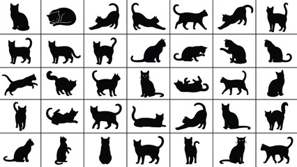 Collection of cat silhouettes in various poses and actions arranged in grid layout, perfect for pet graphics, illustration projects, patterns, and creative design use