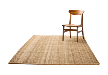 Wooden dining chair on natural jute area rug mat, isolated on a transparent background