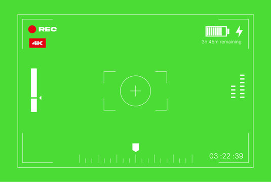 Video camera viewfinder overlay with rec indicator, 4k resolution icon, battery status, and focus crosshair on bright green screen background for chroma key compositing