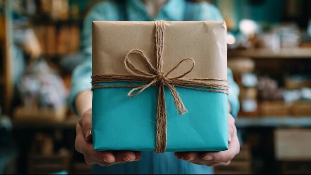 Woman holding a wrapped gift in front of a store. Focus on the gift in hand.