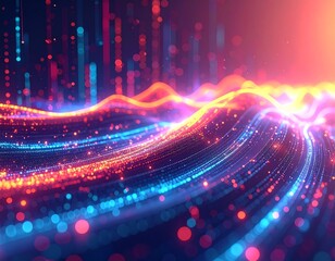 Abstract digital wave of glowing particles and light trails in a vibrant futuristic network