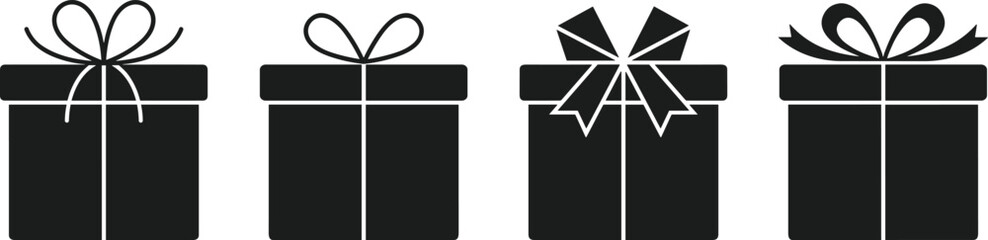 Collection of elegant gift box silhouettes with decorative bows, perfect for celebration themes, holiday designs, festive packaging graphics, and modern minimalist vector illustration