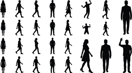 Collection of diverse walking and standing people silhouettes in various everyday poses, including gestures, motion actions, and casual stances for vector illustration designs