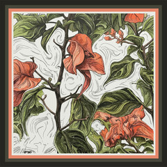 Decorative floral pattern design suitable for silk scarf, textile print, or wallpaper with retro style. Vintage botanical illustration of red flowers and green leaves on a swirling abstract background