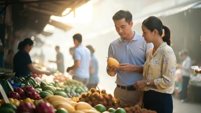 People browse and select fresh fruit at a market in the morning light while interacting