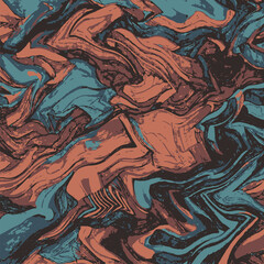Retro style abstract fluid texture featuring teal blue and terracotta orange marble waves. Vibrant abstract liquid swirl pattern with colorful distorted waves and psychedelic style.