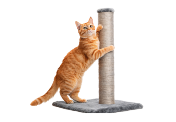 Orange tabby kitten scratching tall sisal post, isolated on a transparent background