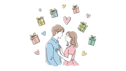 Love's Embrace with Gifts: A tender moment unfolds as a couple stands close, surrounded by symbols of affection, celebrating their bond. Their eyes meet with adoration as gifts float around them.