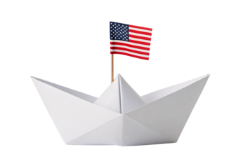 White folded paper boat with USA flag flying, isolated on a transparent background