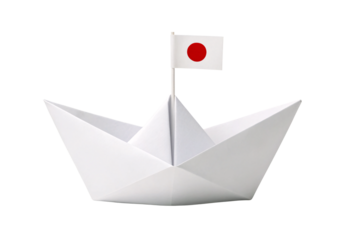 White origami boat with Japan flag waving center, isolated on a transparent background