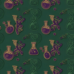 Seamless vector pattern featuring stylized DNA structures and chemical flasks. Ideal for educational materials science themed fabric or wallpaper.