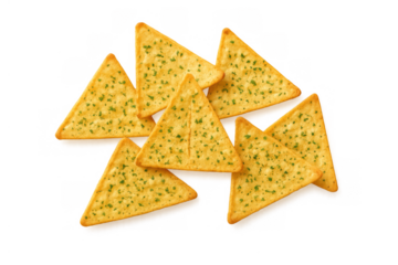 Crispy garlic bread crackers with parsley flakes arrangement, triangular baked snack food, delicious appetizer on transparent background