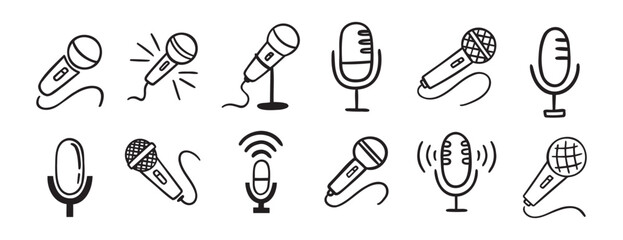 microphone icon doodle hand drawn set. Outline drawing microphone line clipart symbol collection
