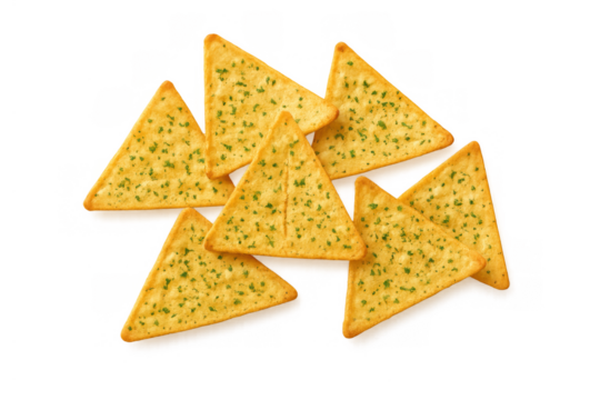 Crispy garlic bread crackers with parsley flakes arrangement, triangular baked snack food, delicious appetizer on transparent background - Powered by Adobe