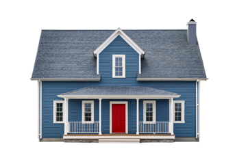 Blue wooden house with red door and porch, isolated on a transparent background