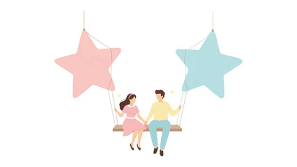 Love's Celestial Swing: A couple in tender embrace, swings gently amidst two star-shaped decorations. The scene captures the essence of romance, illustrating the joy and tranquility of togetherness. 
