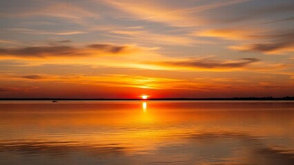 Naklejka premium Beautiful sunset over the ocean at the beach with orange and blue sky reflecting on calm water