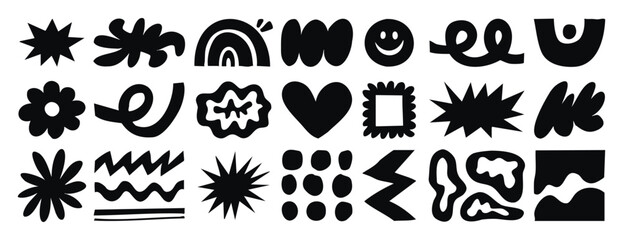 Abstract doodle elements with spirals, plants and wavy lines in naive style. Monochrome line art, hand drawn.