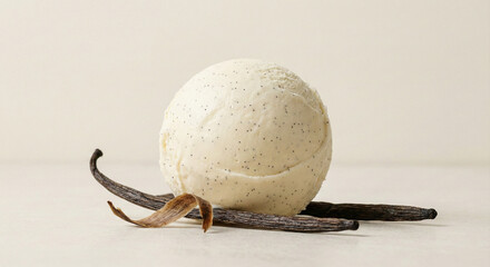 Perfect scoop of vanilla ice cream with visible bean specks. Sweet frozen dessert ball isolated on neutral beige background