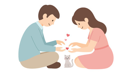 Harmony of Heart and Home: A tender couple shares a moment of affection, with delicate hearts floating between them, as a playful cat adds a touch of charm and warmth. 