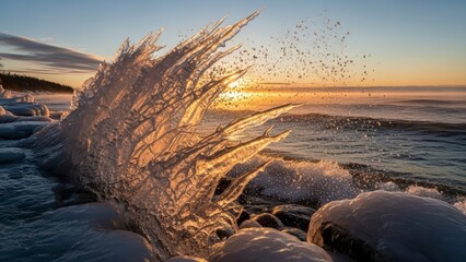 Dramatic Ocean Wave Splash at Golden Hour Sunset Over Icy Shoreline.