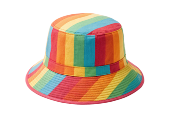 A rainbow striped fabric bucket hat with colorful bands pattern, isolated on a transparent background